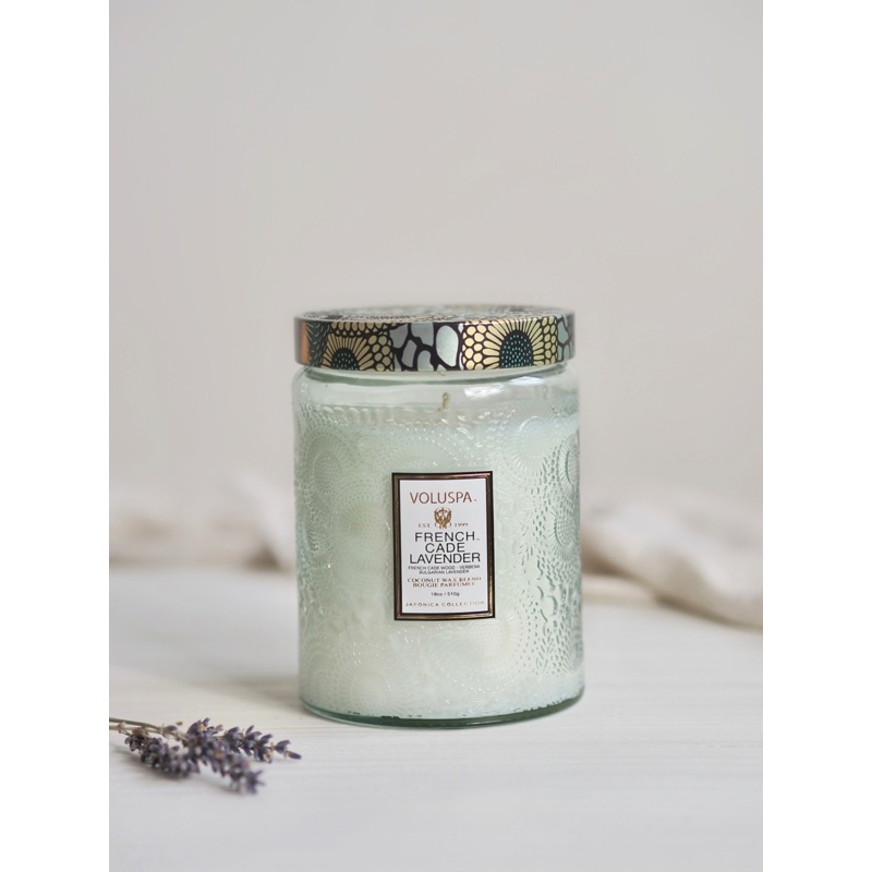 French Cade Lavender Embossed Glass Jar Candle | Large