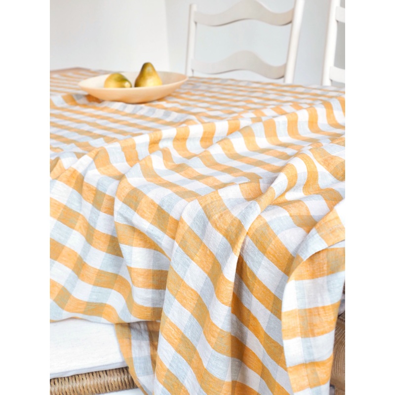 Gingham Yellow Linen Tablecloth