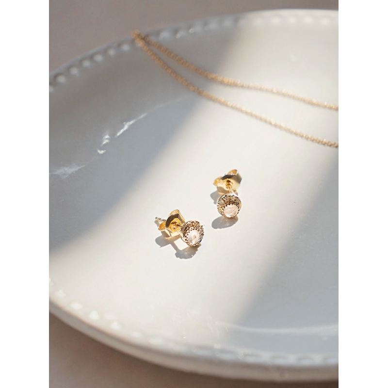 Petite Moon Phase Rainbow Moonstone Studs | 14K Gold