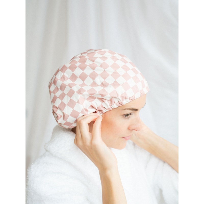Terracotta Checker Satin Lined Shower Cap