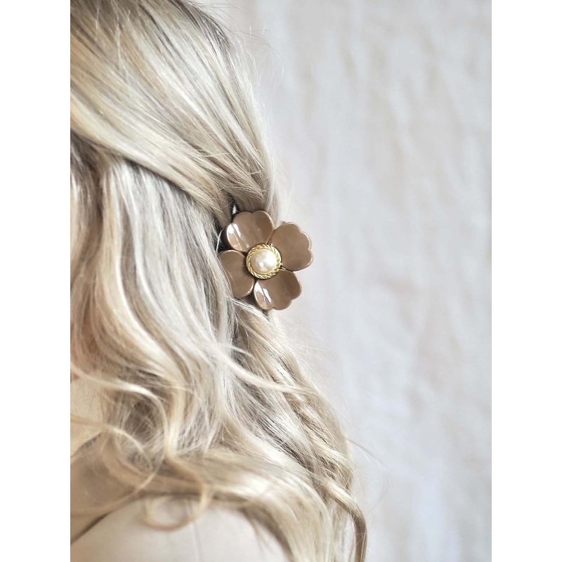 Beige Flower with Pearl Claw Clip