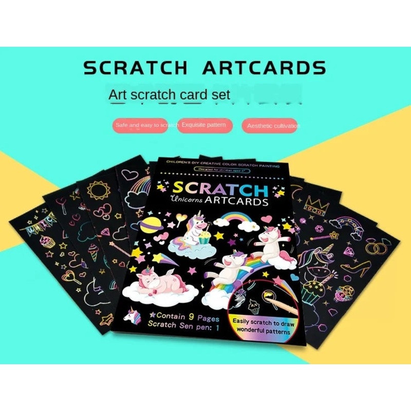 Scratch+Colouring Art Cards  (includes 9 pages in one set)