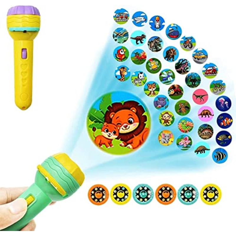 3 Slides 24 Patterns Mini Projector Torch Toy Slide Flashlight Projector Torch for Kids Sleeping Story Toys for Toddlers, Educational Learning Toys,Space,Animal &Foods