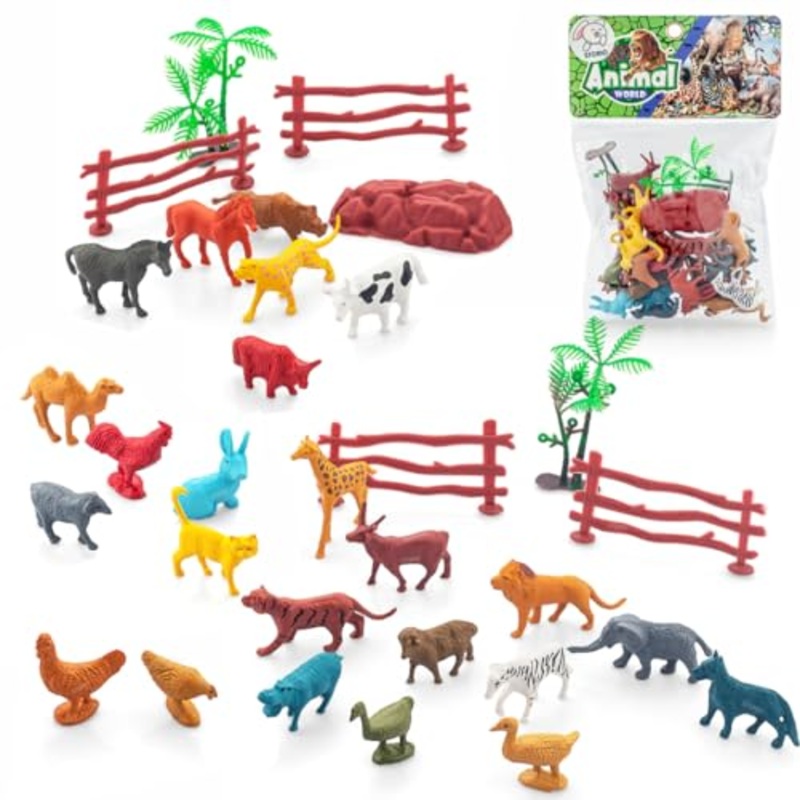 31pcs Animal Figure Toy Set | Includes Farm and Jungle Animal Playsets with an Artificial Tree and Fencing | Ideal for Birthday and Return Gifts | Educational Toyset for Kids Ages 3 and Up