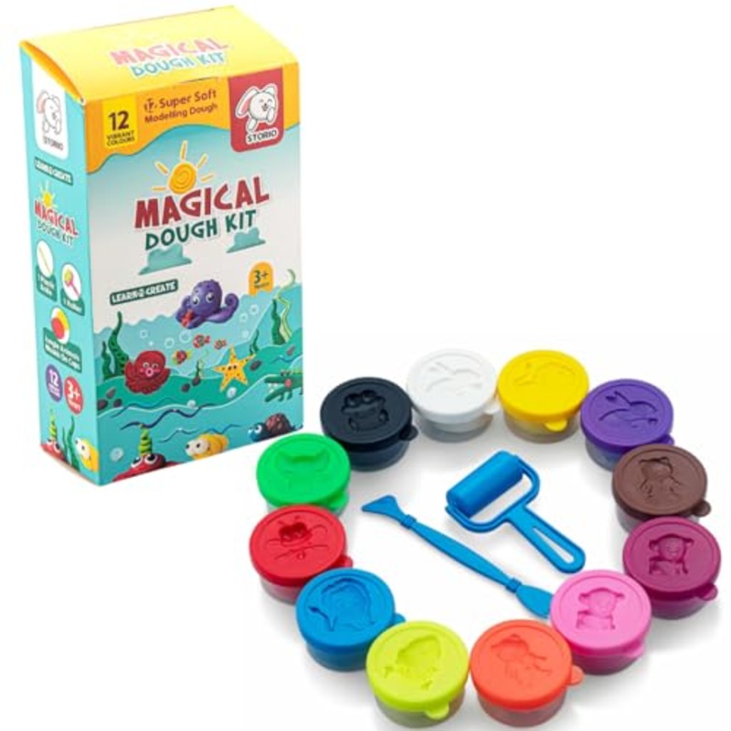 Animal-Themed Clay/Soft Water-Based Dough Play with 2-in-1 Moulding Lid, Roller and Knife| Set of 12 Tubs (25gm Each) | Non-Toxic| Art and Craft Activity | Ideal for Birthday and Return Gifts For kids