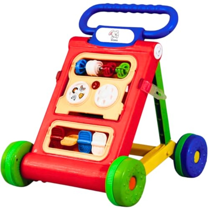 Baby Walker Adjustable Height, Multi-Function Anti-Rollover Folding Walker with Height Adjustable 6-18 Months Baby Walker with Recreational Toy bar (Red)