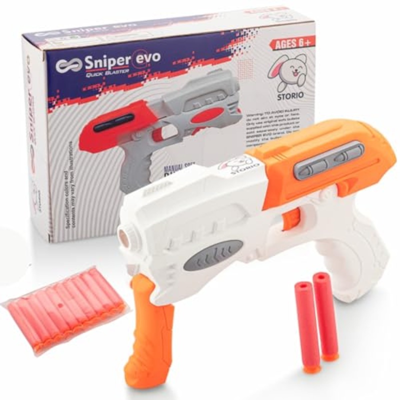 EVO Sniper Hot Fire Gun Toy with 10 Safe Soft Foam Bullets, Fun Target Shooting Battle Fight Game for Kids Boys – White