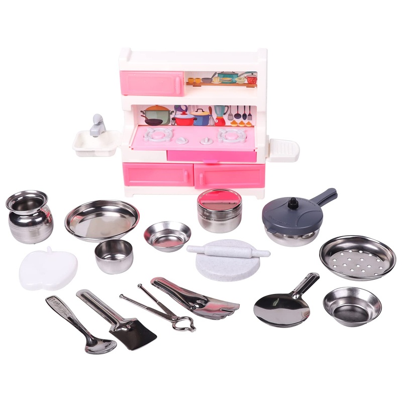 Green House Kitchenware Set Non Toxic Plastic Along with Pure Stainless Steel Cooking Accessories for Girls Age 3 Years Plus