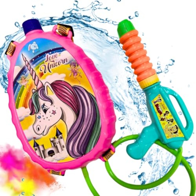 Holi Water Toy Gun with Pressure Mechanism for Long Throw, Back Holding Tank, Back Holding Tank – Unicorn