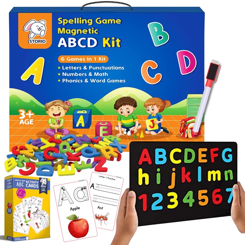 Magnetic ABCD Alphabets and Numbers, 150+ Letter Magnets Words With Interactive Flashcards and Marker For Doodle Fun, Multiuse Board | 5 Color Soft Foam Learning Educational Toys for Kids 3 4 5 Years