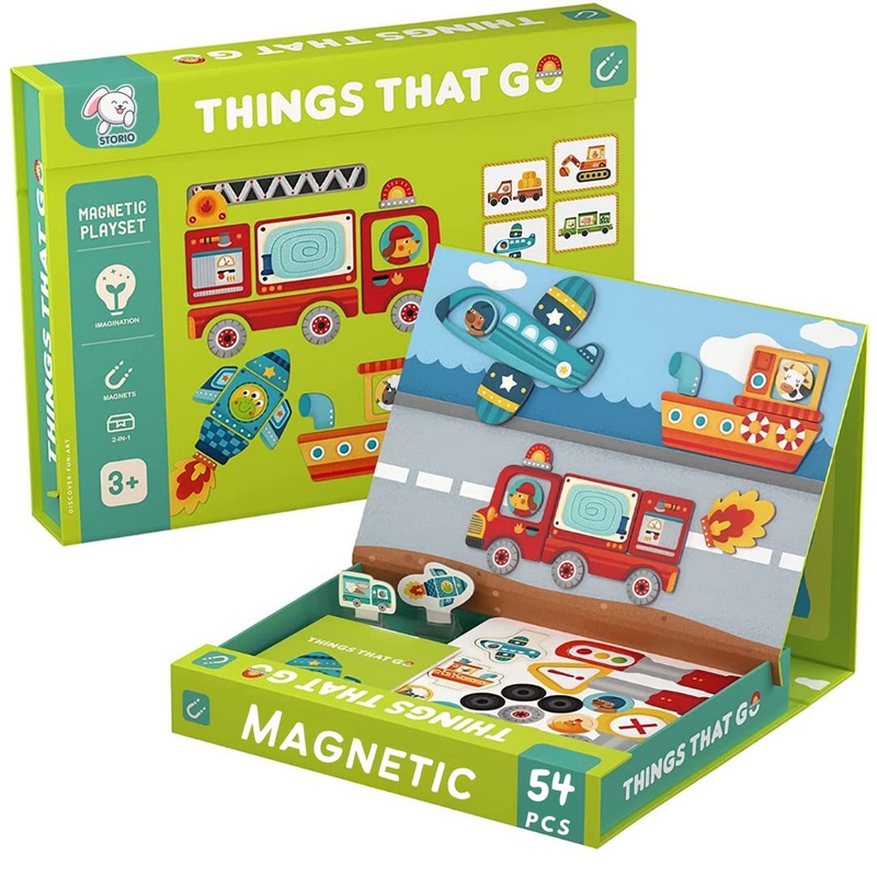 Magnetic Box Series – Things That Go Vehicles Puzzles Toys With Reference Cards and Magnetic Board and Marker To Draw & Play Educational Toy for Kids 2 3 4 Years Boys Girls Montessori Gift Fun & Play for Baby (54 Magnet Pcs)
