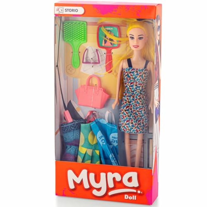 Myra Doll Beautiful Dazzling Doll Toy with Moveable Arms & Legs for Girls (Doll with Accessories) – Blue Dress