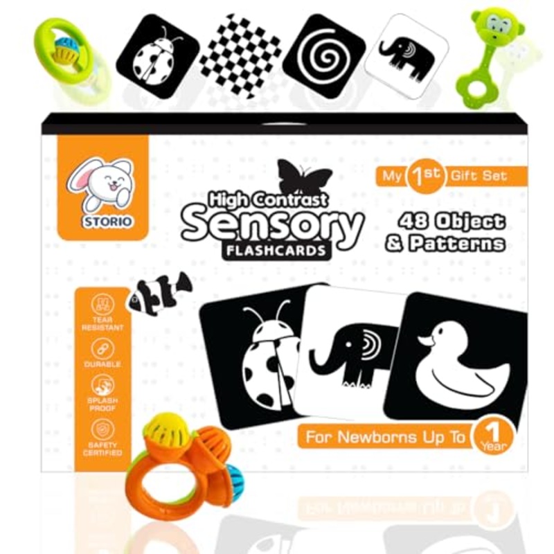 New Born Gift Set Black and White Flash Cards for Babies & Infants with Super Cute Rattles Set of 3 | High Contrast | Visual Stimulation & Sensory Development for 0 to 12 Months, 48 Pictures