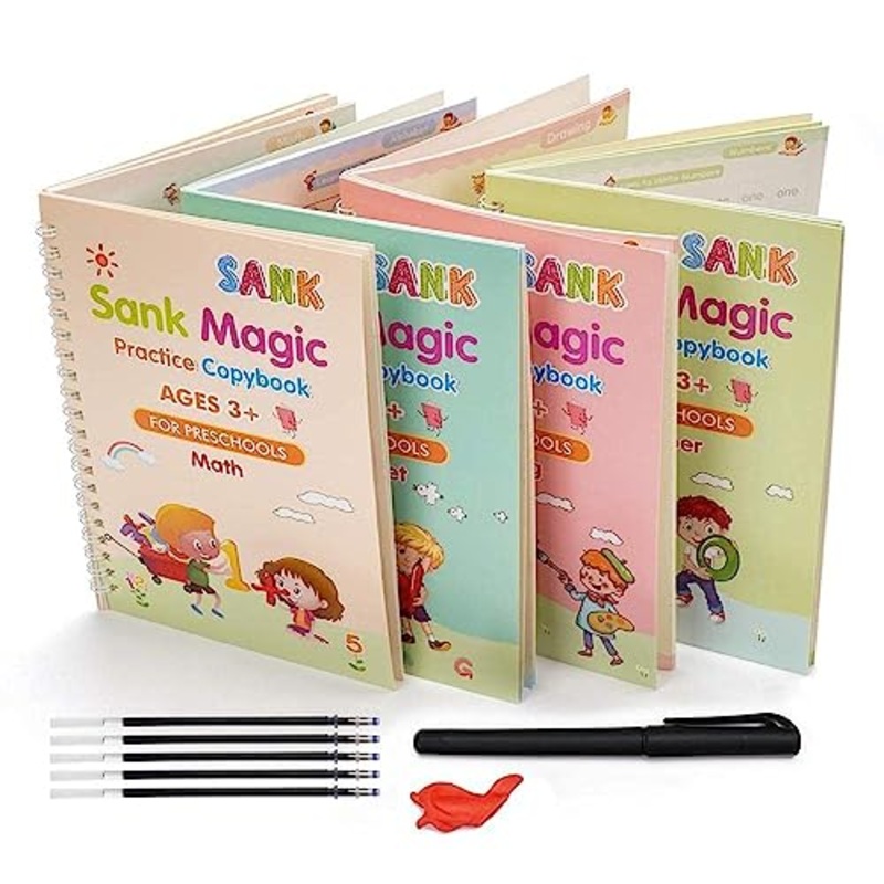 Sank Magic Practice Copybook, (4 Book + 10 Refill+ 2 Pen +2 Grip) Number Tracing Book for Preschoolers with Pen, Magic Calligraphy Copybook Set