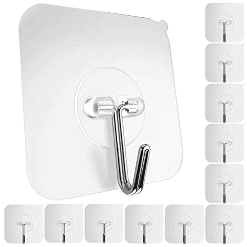 Strong Wall Hooks – Set of 10 Adhesive Hooks for Wall Hanging Without Drilling – Wall Hangers for Clothes, Clips, Stickers, and Photo Frames
