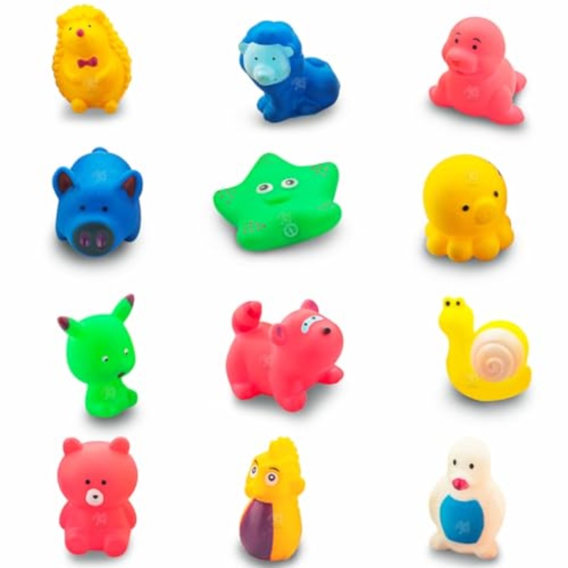 Super Cute Animals Swimming Water Toys Non-Toxic,BPA Free Colorful Soft Rubber Float Squeeze Sound Squeaky Bathing Toy for Baby Chu Chu Toy Set of 12