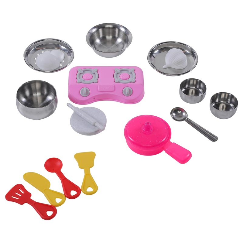 Tasty- Kitchen Set with Unbreakable Stand Safe and Non Toxic Plastic Along with Pure Stainless Steel Cooking Accessories for Girls Age 3 Years Plus 6 PCS