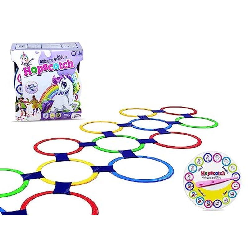 Unicorn Hopscotch Ring Game 13 Multi-Colored Plastic Rings and Connectors for Indoor or Outdoor Use-Fun Creative Play Set for Girls and Boys