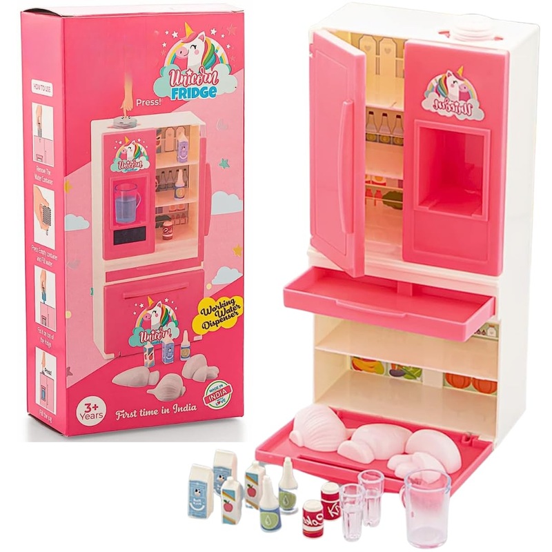 Unicorn Pink Fridge Kitchen Set Toys Pretend Play Toy Set with Multiple Accessories & Realistic Water Dispenser for Kids Girls | Best Birthday Gift for Kids Children