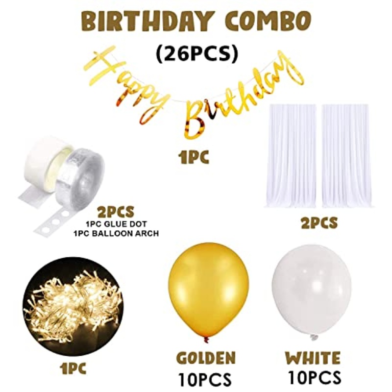 26-Piece Birthday Decoration Set – Happy Birthday Decor for Husband and Wife | Cabana Tent for Girls and Boys | White and Golden Balloons with Elegant Net Decor