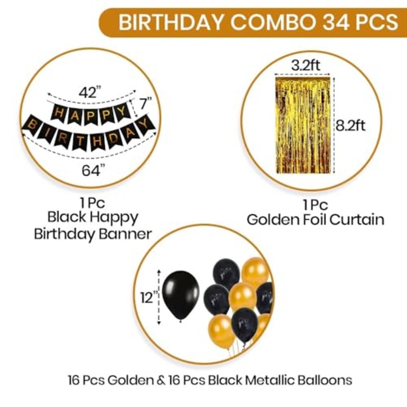 34-Piece Happy Birthday Decoration Set for Adults – Elegant Black and Gold Balloons for Husband’s Birthday Celebration – Stylish Decorative Items for a Memorable Birthday