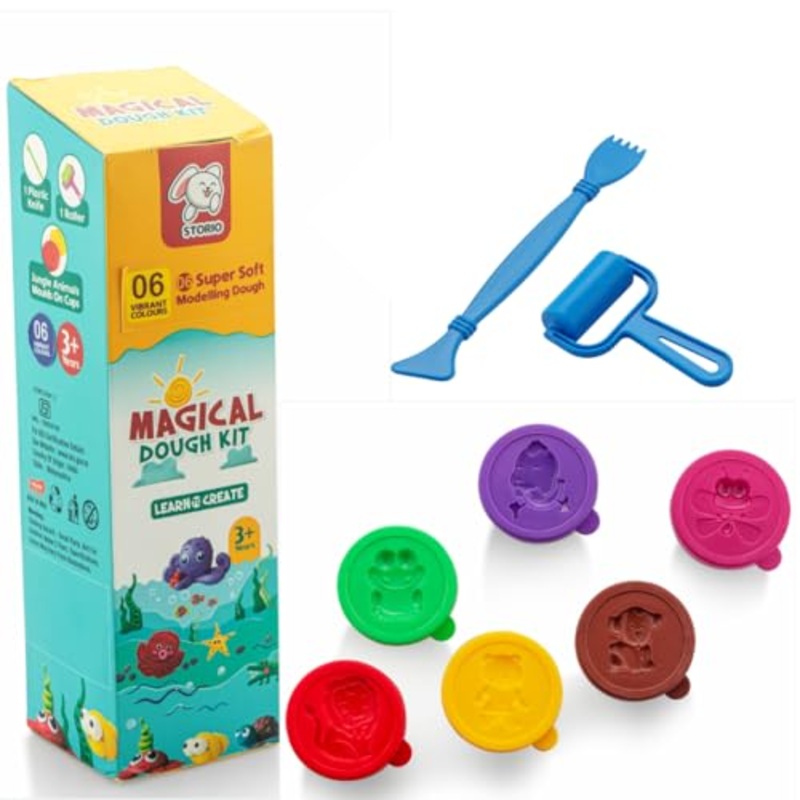 Animal-Themed Clay/Soft Water-Based Dough Play with 2-in-1 Moulding Lid, Roller and Knife| Set of 6 Tubs (25gm Each) | Non-Toxic| Art and Craft Activity | Ideal for Birthday and Return Gifts For Kids