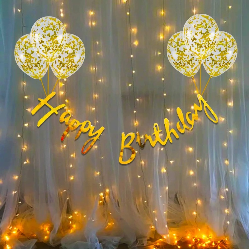 Birthday Decoration Items Kit- 10Pcs Bday Banner Confetti Balloon with Led Light for Kids, Husband Bday Decorations Items with Fairy Lights Material Rubber(Color Gold)