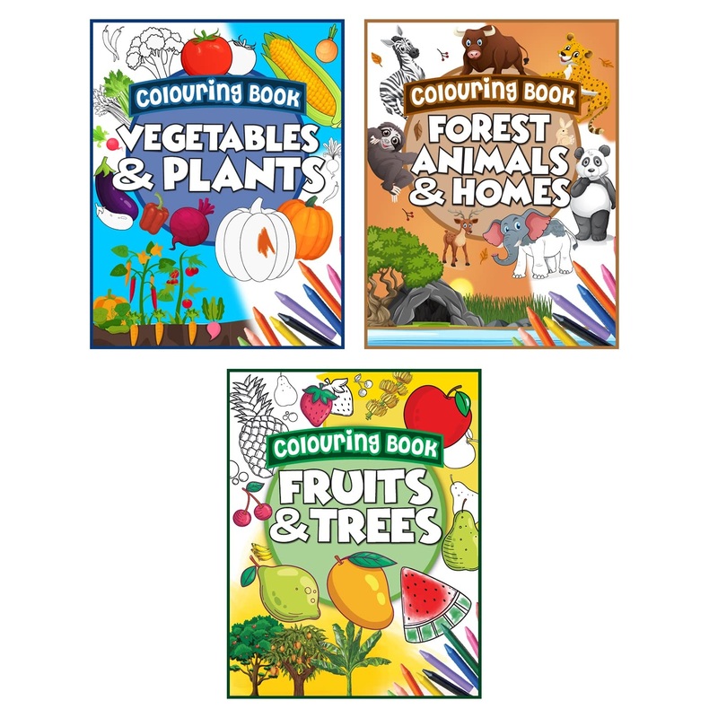 Colouring Books for Kids (Set of 3 Books) – Gift to Children for Painting, Drawing and Colouring – Vegetables, Animals, Fruits – 3 to 6 Years Old