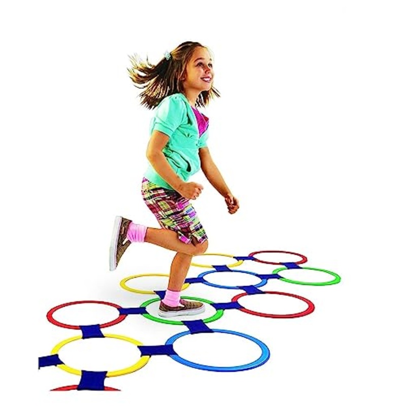 Hopscotch Ring Game 13 Multi-Colored Plastic Rings and Connectors for Indoor or Outdoor Use-Fun Creative Play Set for Girls and Boys