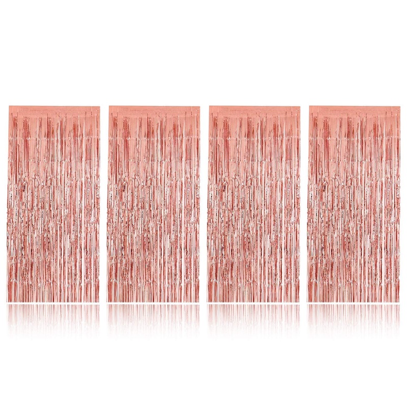 LUXZURY by  3X6 ft 10 inches Rose Gold Metallic Tinsel Foil Fringe Curtains for Birthday Wedding Engagement Bridal Shower Baby Shower Celebration Party Decorations (Set of 4)