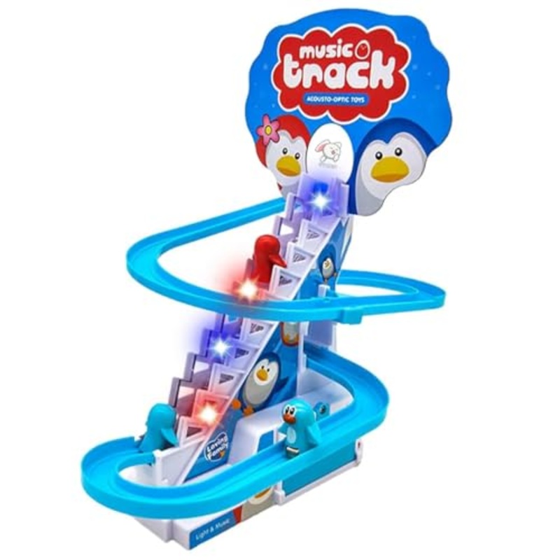 Penguin Slide Track Set Toys for Kids – Penguin Stair Climbing Toys for Kids, Escalator Toy with Lights and Music with 3 Penguins