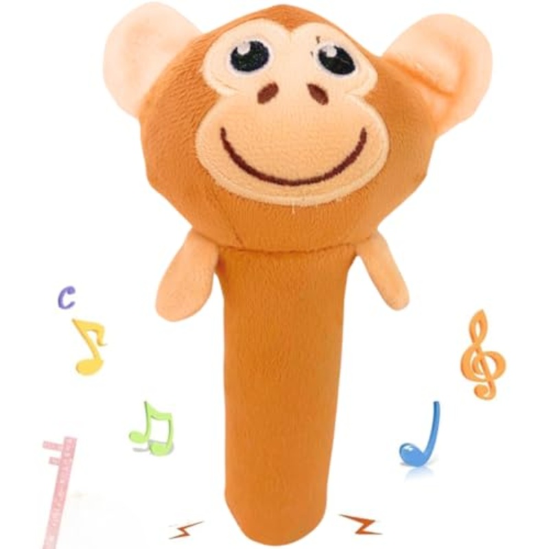 Premium Plush Soft Monkey Face Rattle Soft Toy with Squeeze Handle for Squeaky Sound