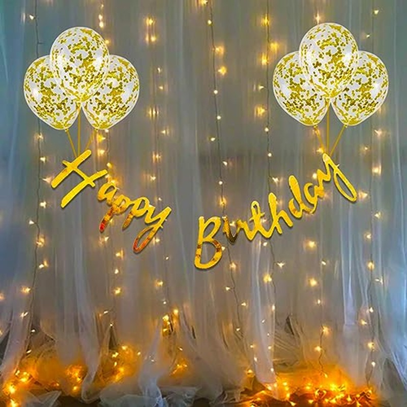 Rubber Birthday Decoration Items Kit – 10Pcs, Featuring Happy Birthday Banner, Confetti Balloons With Led Light For Kids – Ideal For Husband’s Birthday Celebration – Golden Theme D??cor