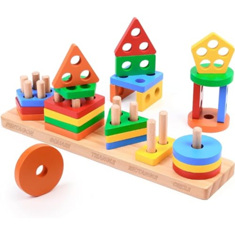Wooden and Soft Foam Safe to Play Angle Geometric Shape Sorter Blocks, Sorting & Stacking Toys for Toddlers and Kids, Color Stacker Educational Learning Toy for 1 2 3 Years Old Boys Girls