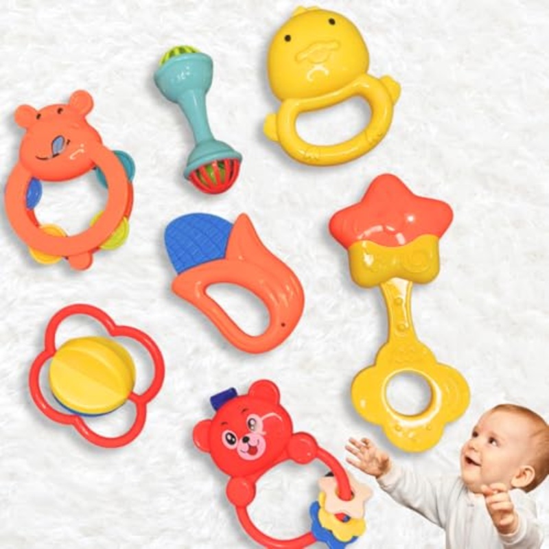 Baby Toys Safari 7 Pcs Rattle Set with Teathers for New Born Baby Gifts, Toy for Babies, Non-Toxic – Safari