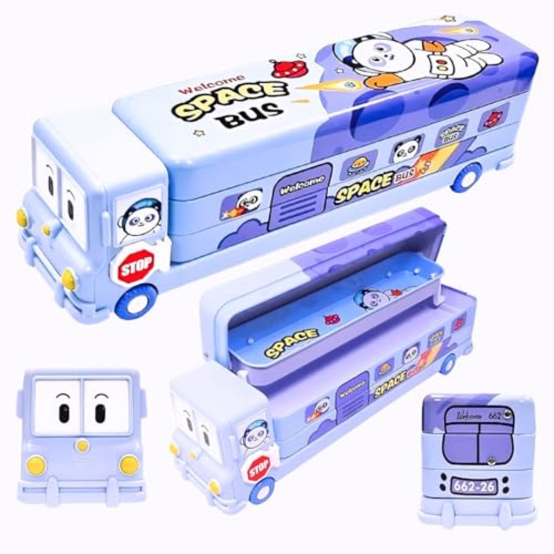 Bus Shape Pencil Box School Bus Metal Geometry Box for Kids Magic Bus with Moving Tyres with 3 Compartments Moving Tyre’s & Sharpener Geometry Case for Boys & Girls – Space