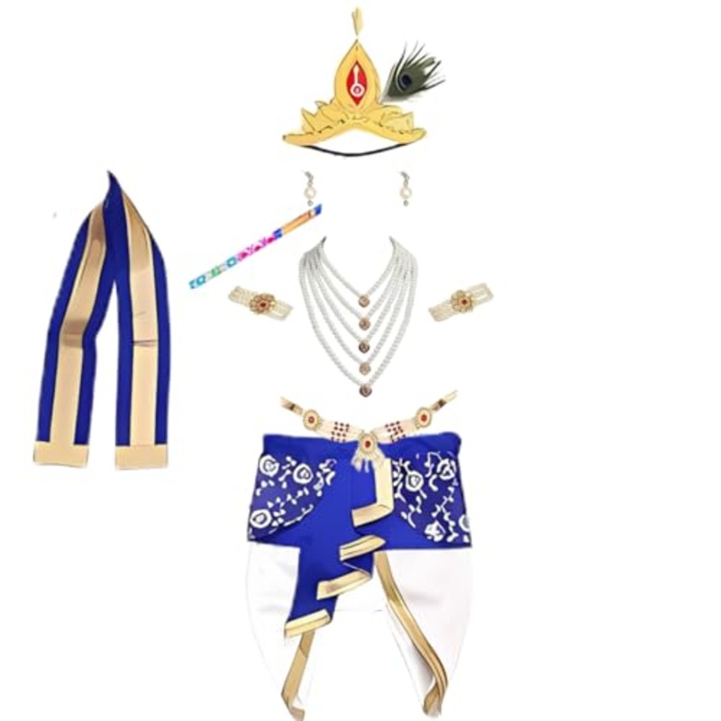 Fancy Dress Costume Brocade Krishna Ji Kanha Janmashtami Dress for 1-Year-Old Baby Boys and Girls Set White and Blue – For ages 1-2 Years