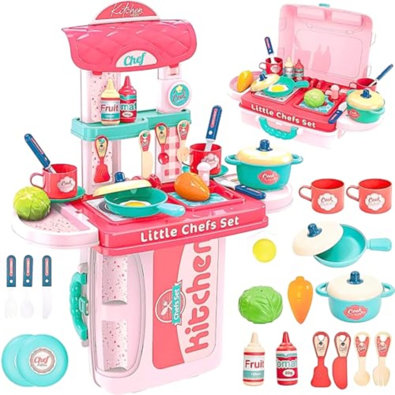 Kitchen Set Toys for Girls with Cooking Utensils, Little Chef Realistic Miniature Pretend Role Play Food Party for Boys Girls