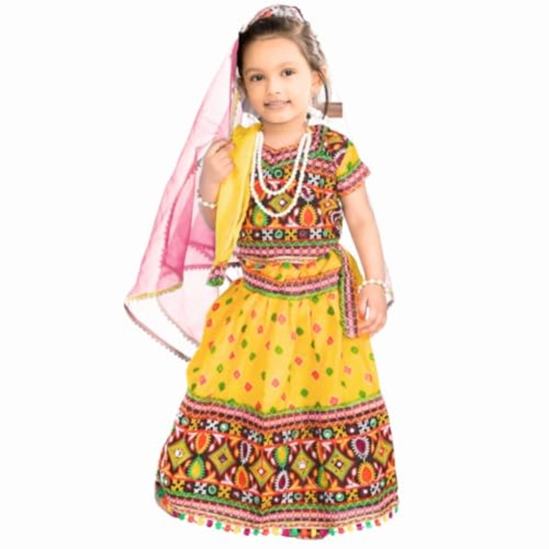 Little Radha Dress Set with Lehenga, Choli, Dupatta, Gajra, Mang Tika, and Kan Kundal, Brocade Fabric Janmashtami Mythological Character Costume, Traditional Fancy Dress