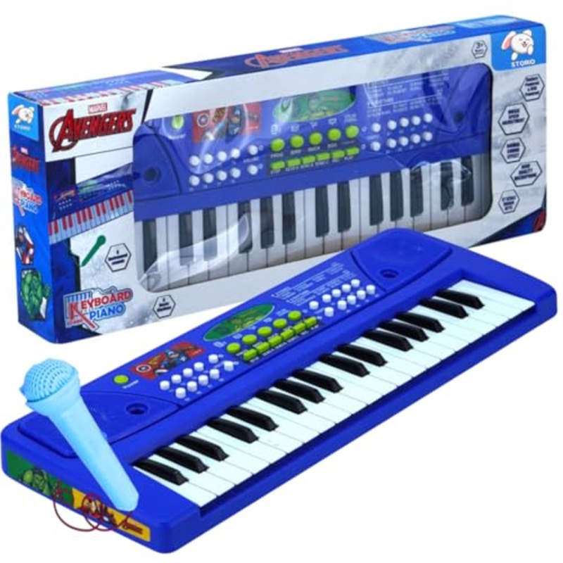 Musical Sound Toys 37 Key Piano Keyboard – Avengers with Recording and Mic and Adapter for Power | 8 Rhythms 8 Tones 6 Demos Portable Electronic Keyboard Toy for 3 to 5 Years Boys Girls- Blue