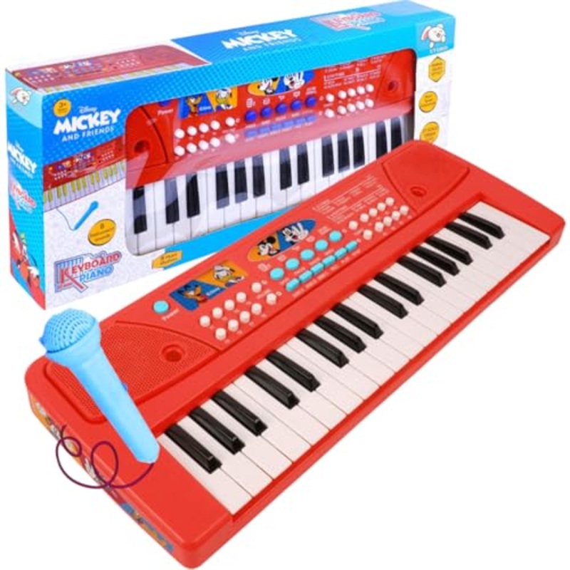 Musical Sound Toys 37 Key Piano Keyboard – Micky Mouse With Recording and Mic and Adapter for power | 8 Rhythms 8 Tones 6 Demos Portable Electronic Keyboard Toy For 3 to 5 Years Boys Girls- RED