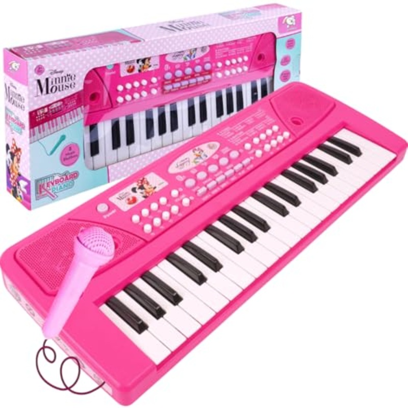 Musical Sound Toys 37 Key Piano Keyboard – Minnie Mouse with Recording and Mic and Adapter for Power | 8 Rhythms 8 Tones 6 Demos Portable Electronic Keyboard for 3 to 5 Years Boys Girls- Pink