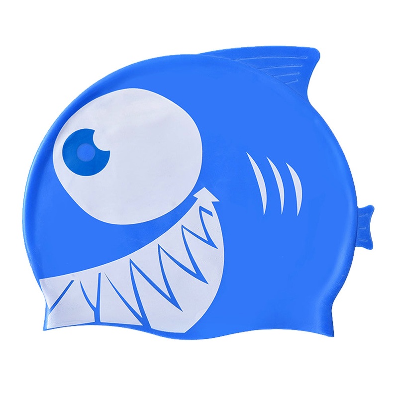Little Surpise Box, Blue & White Jaw Fish , Silicone Kids Swim Cap, 5 years -15 years