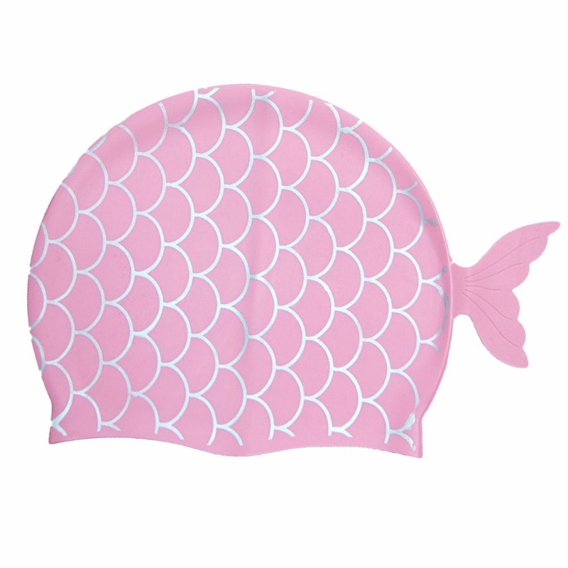 Scales Pink Fishy , Silicone Kids Swim Cap, 5 years -15 years