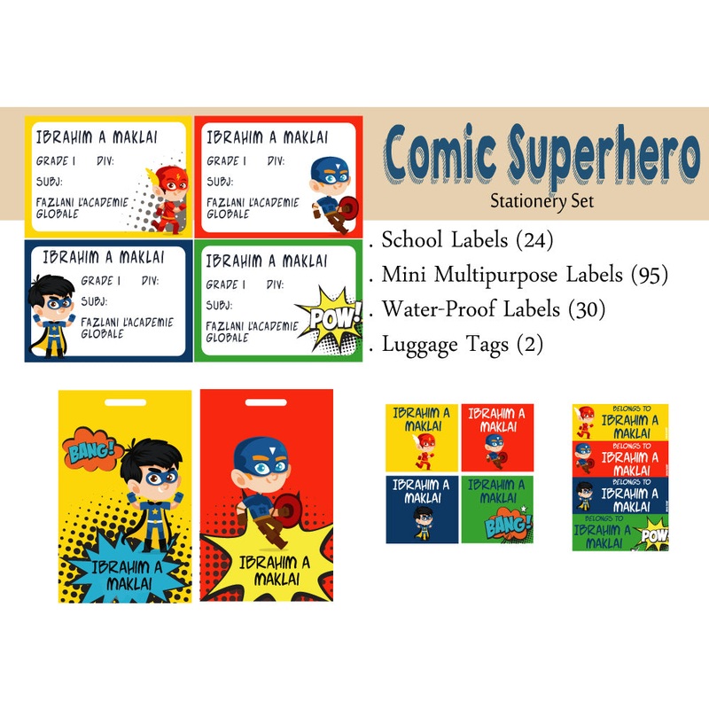 Label Set – Comic Superhero, 146 labels and 2 bag tags