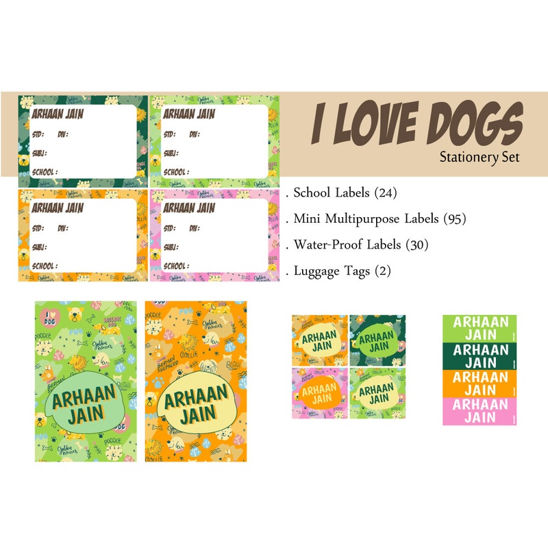 Label Set – I Love Dogs, 146 labels and 2 bag tags