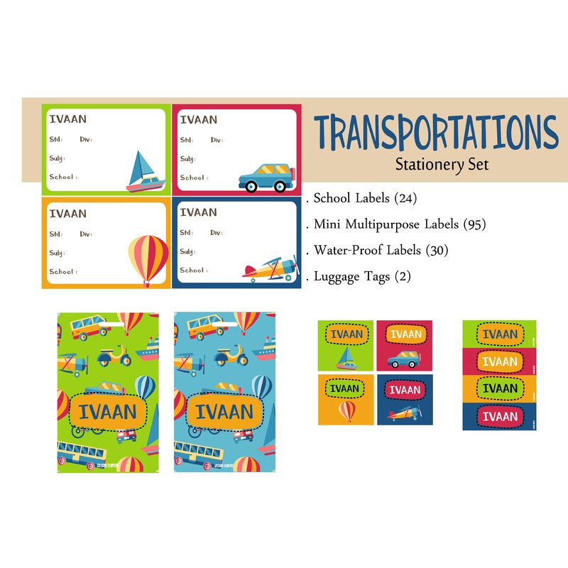 Label Set – Transportations, 146 labels and 2 bag tags