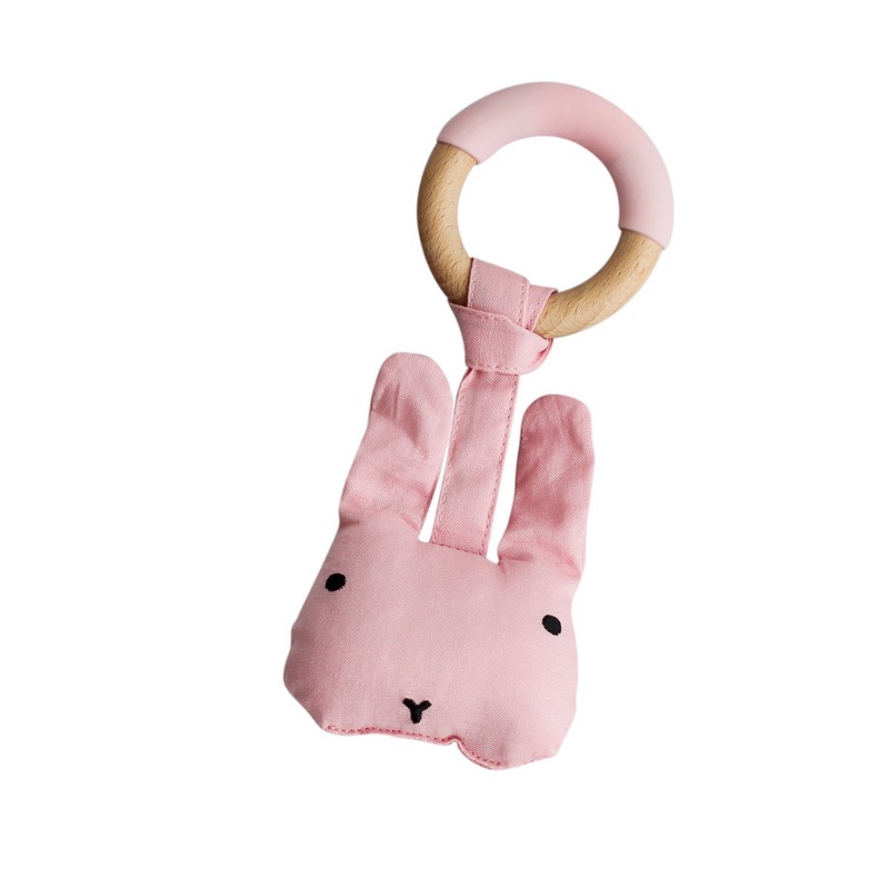 Wood Plush Rattle Teether Toy – Pink