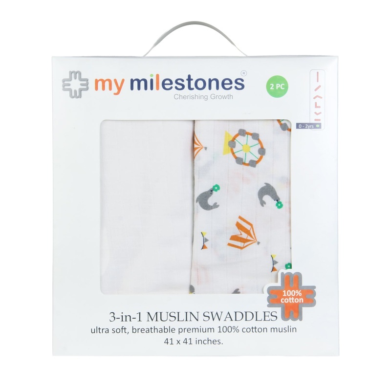 My Milestones 100% Cotton 3 In 1 Muslin Double Cloth (2 Layers) Baby Swaddle Wrapper – Pack Of 2 – Carnival Orange