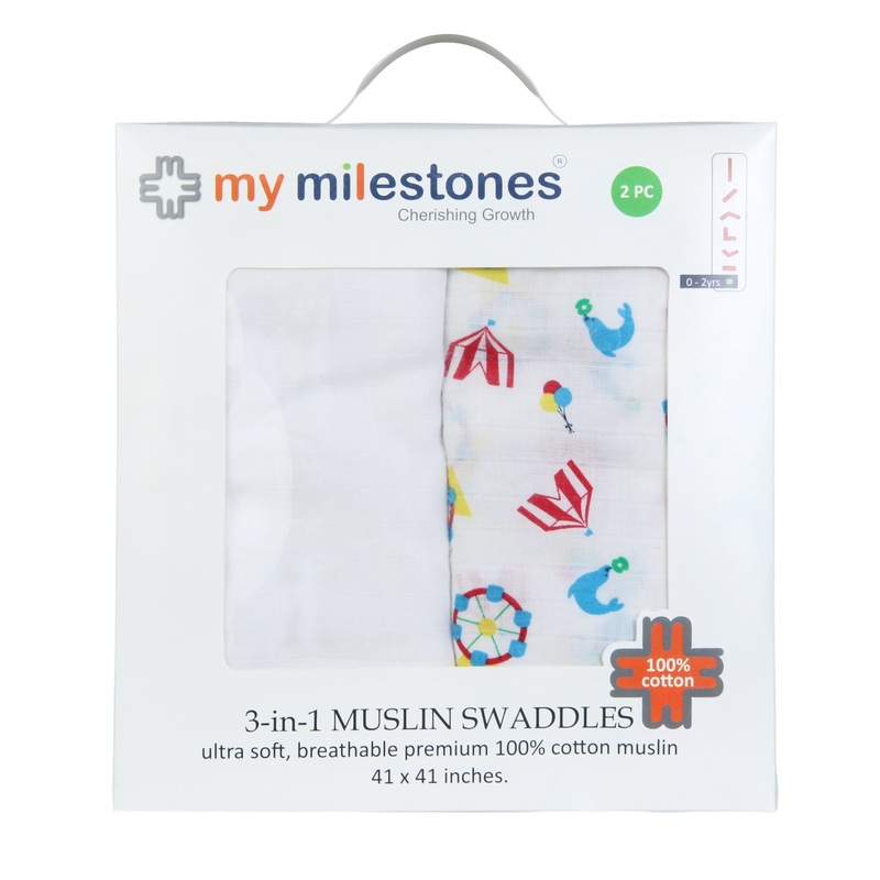 My Milestones 100% Cotton 3 In 1 Muslin Double Cloth (2 Layers) Baby Swaddle Wrapper – Pack Of 2 – Carnival T. Blue